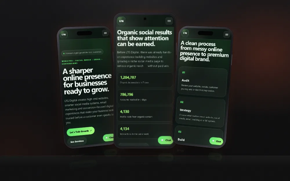 Three phones showing different LTG Digital mobile pages