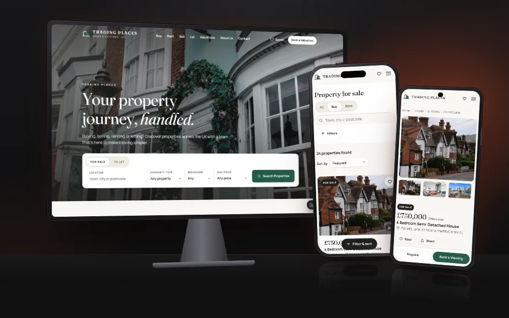 Trading Places website shown on a desktop display and mobile phones