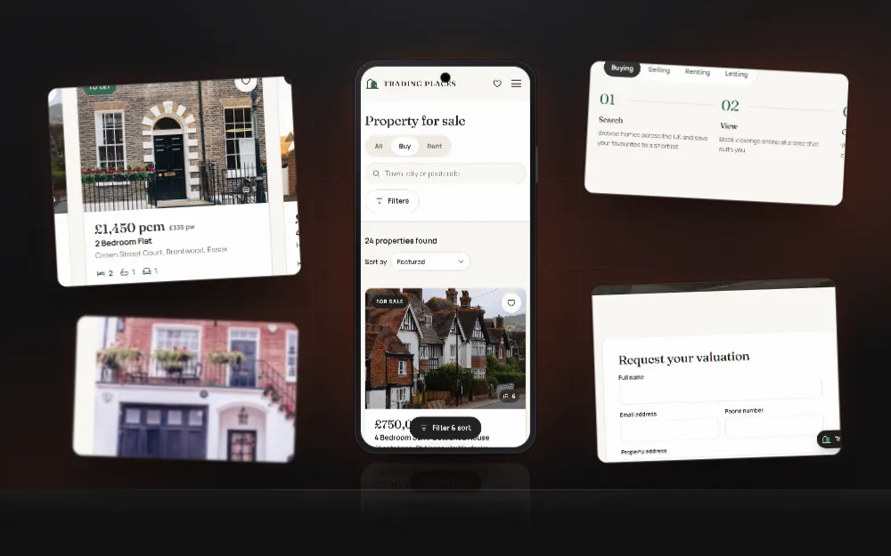 Trading Places interface sections floating around a phone