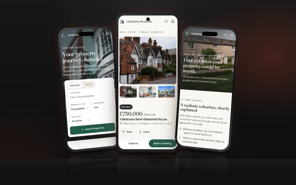 Three phones showing different Trading Places mobile pages