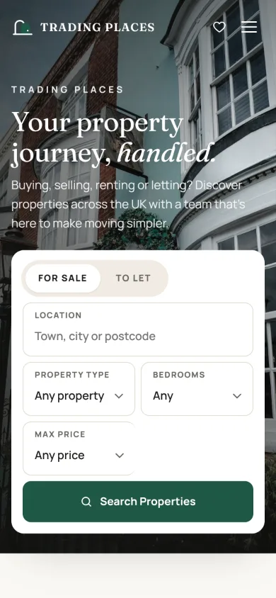 Trading Places: Homepage on mobile